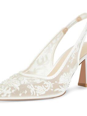 Women's White Lace Mesh Slingback Heels Bridal Shoes Pointed Toe Pumps